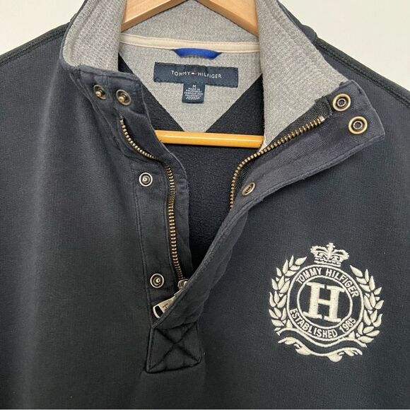 Tommy Hilfiger Sweater Pullover Mens Medium Black 1/4 Zip Snap Button Mock Neck - Picture 7 of 15